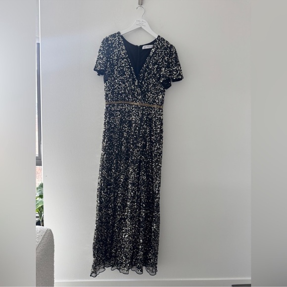 NWT Mac Duggal Black and Gold Sequin Maxi Dress - Picture 5 of 11